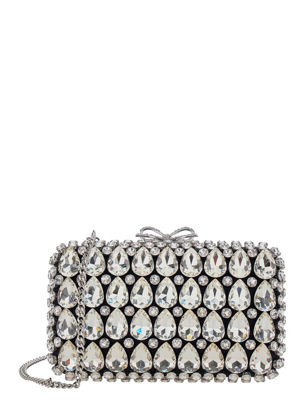 Self-Portrait Crystal-Embellished Clutch — Black Satin