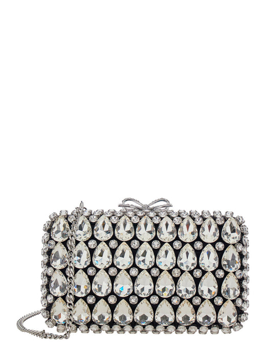 Self-Portrait Crystal-Embellished Clutch — Black Satin