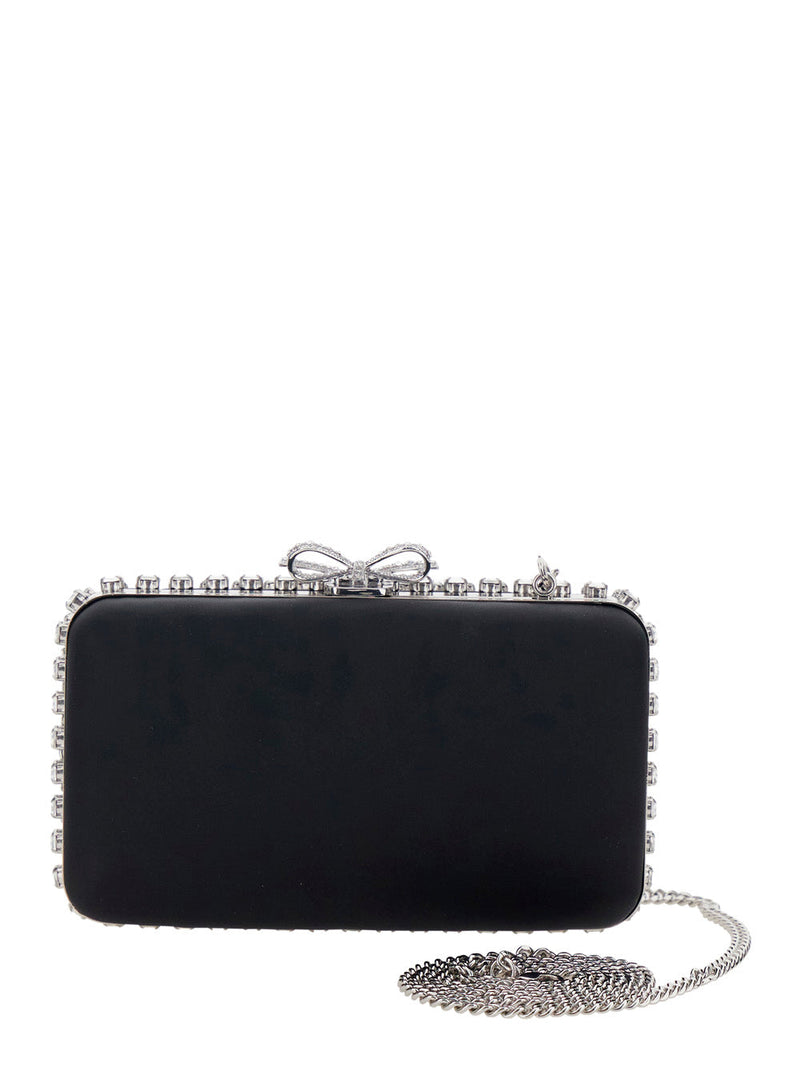 Self-Portrait Crystal-Embellished Clutch — Black Satin