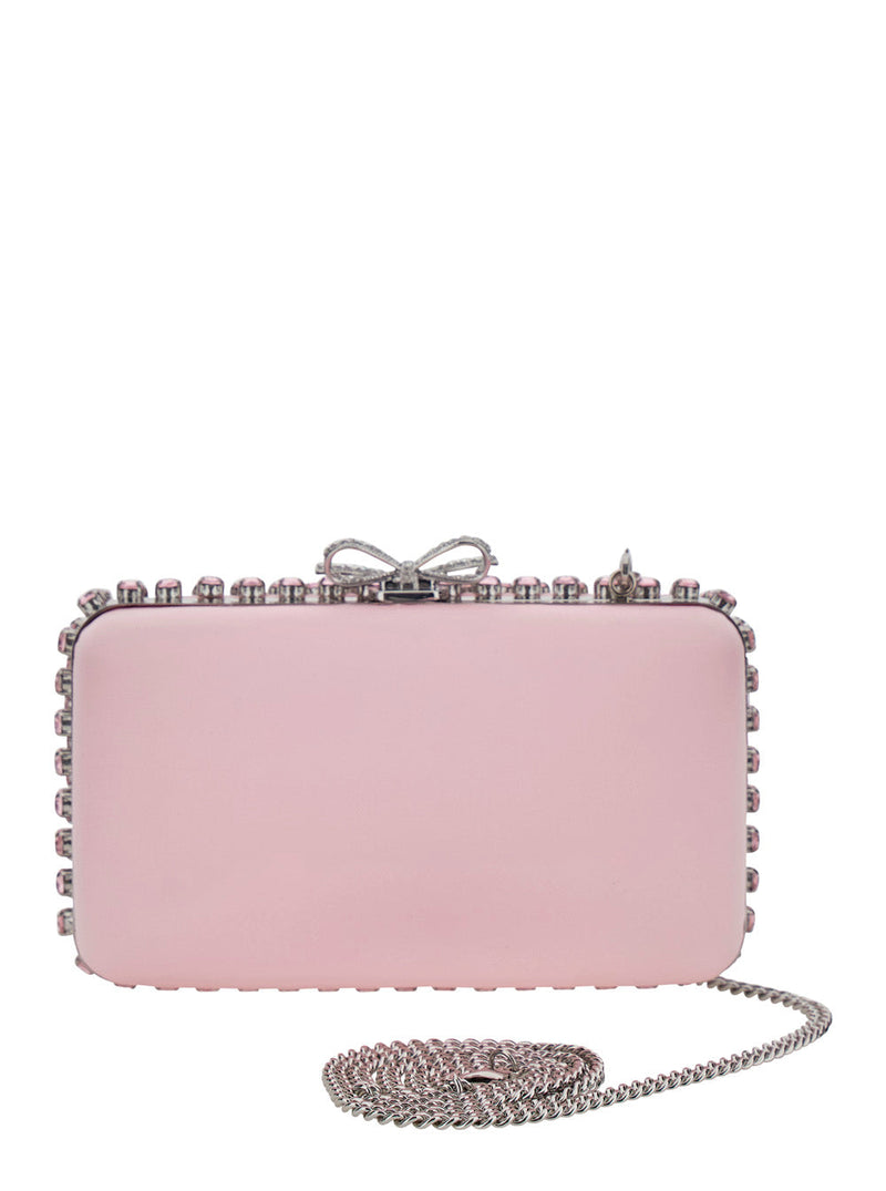 Self-Portrait Crystal-Embellished Satin Clutch — Pink With Applied Crystals