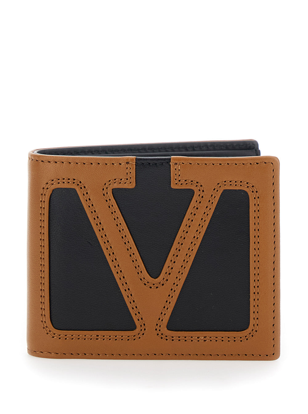 Valentino Garavani Maxi Vlogo Bi-Fold Wallet — Brown Leather
