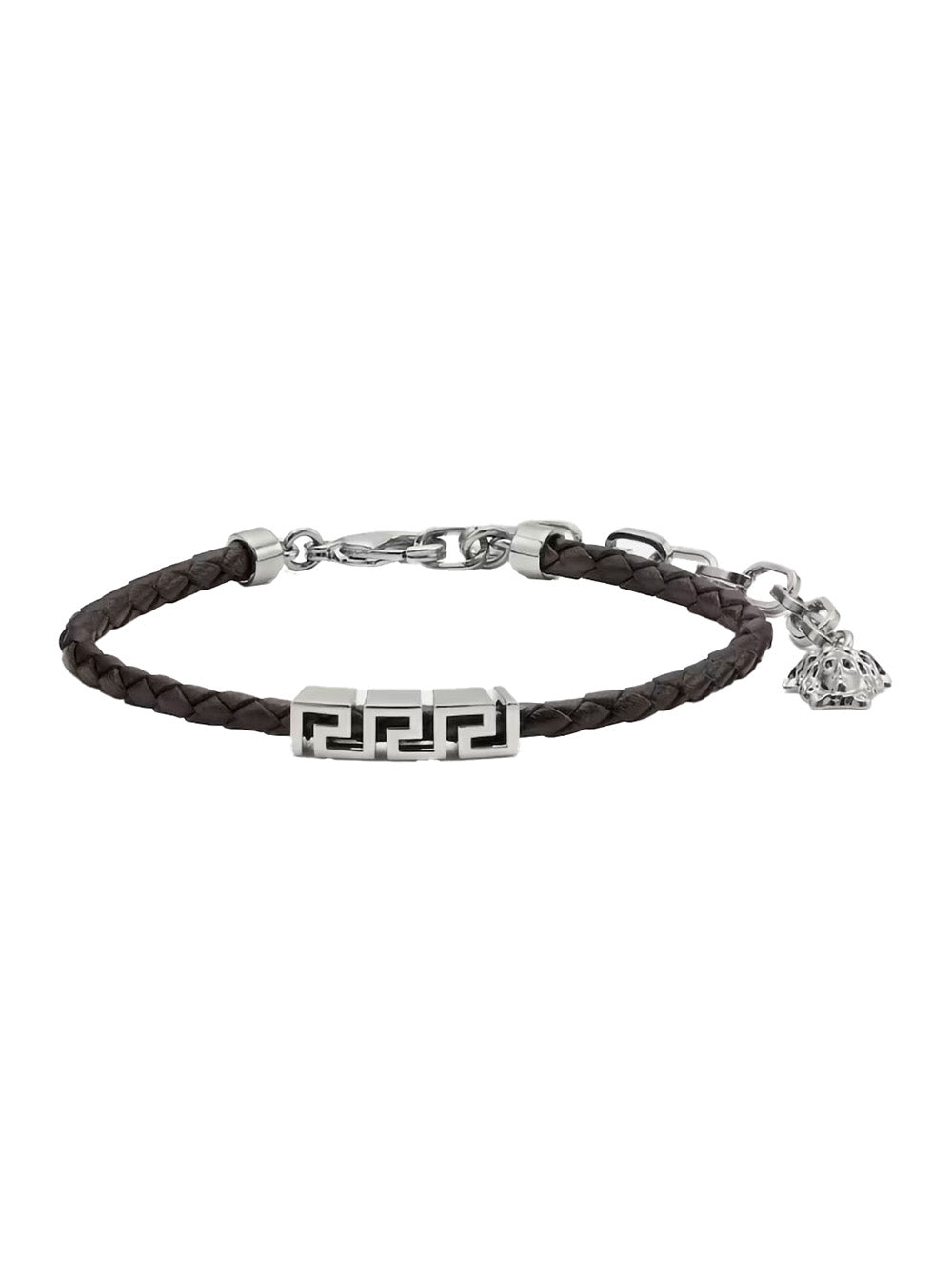 Versace Woven Leather With Greek Key Plate Bracelet — Black Calf Bracelets