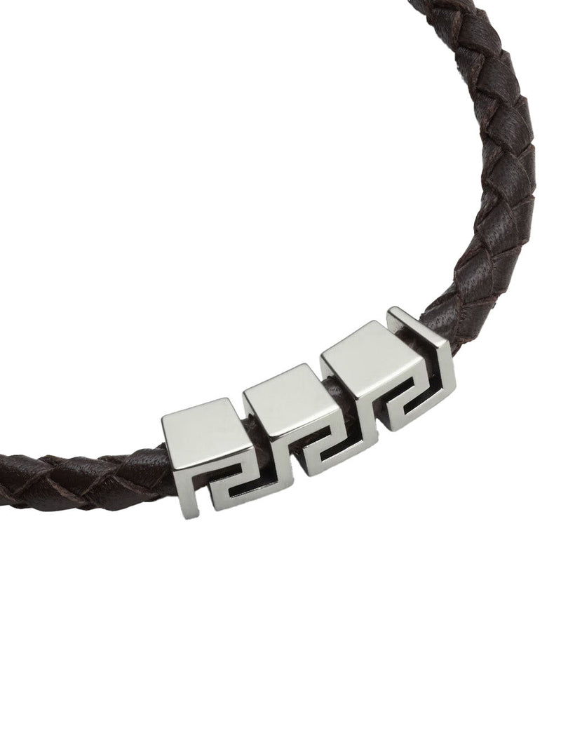 Versace Woven Leather With Greek Key Plate Bracelet — Black Calf Bracelets
