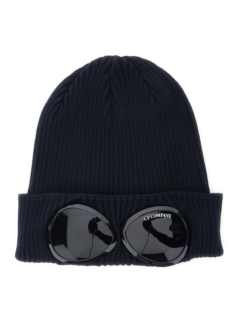 C.p. Company Rscmac747a Ribbed Knit With Goggle Detail Beanie — Navy Cotton Beanies