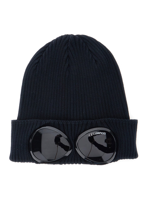 C.p. Company Rscmac747a Ribbed Knit With Goggle Detail Beanie — Navy Cotton Beanies