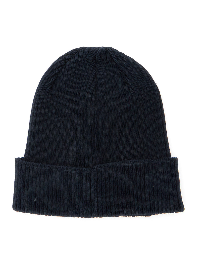 C.p. Company Rscmac747a Ribbed Knit With Goggle Detail Beanie — Navy Cotton Beanies