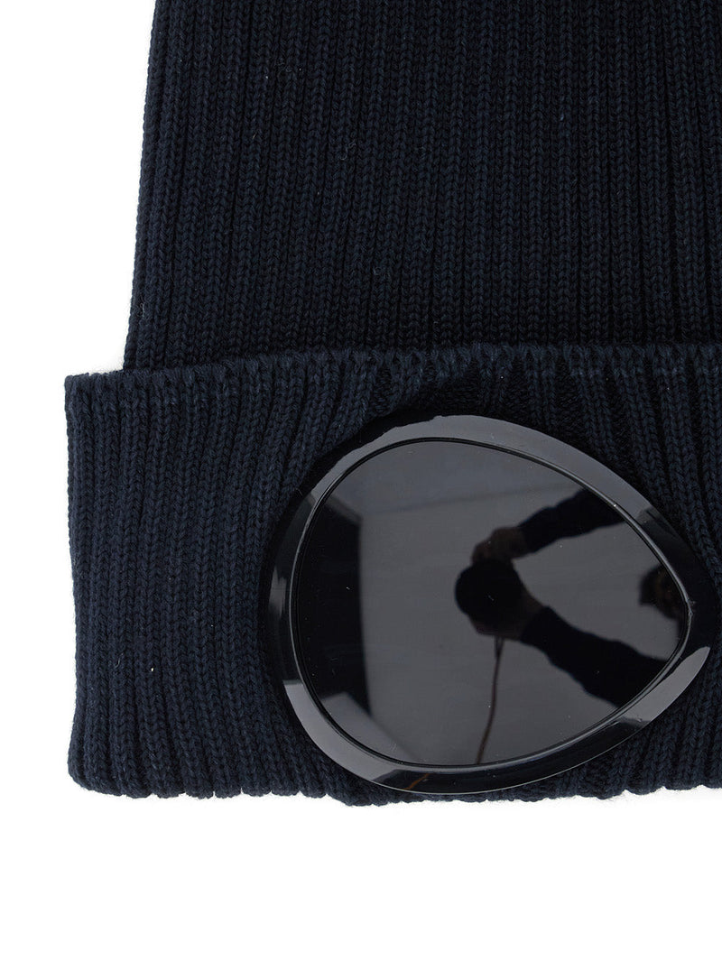 C.p. Company Rscmac747a Ribbed Knit With Goggle Detail Beanie — Navy Cotton Beanies