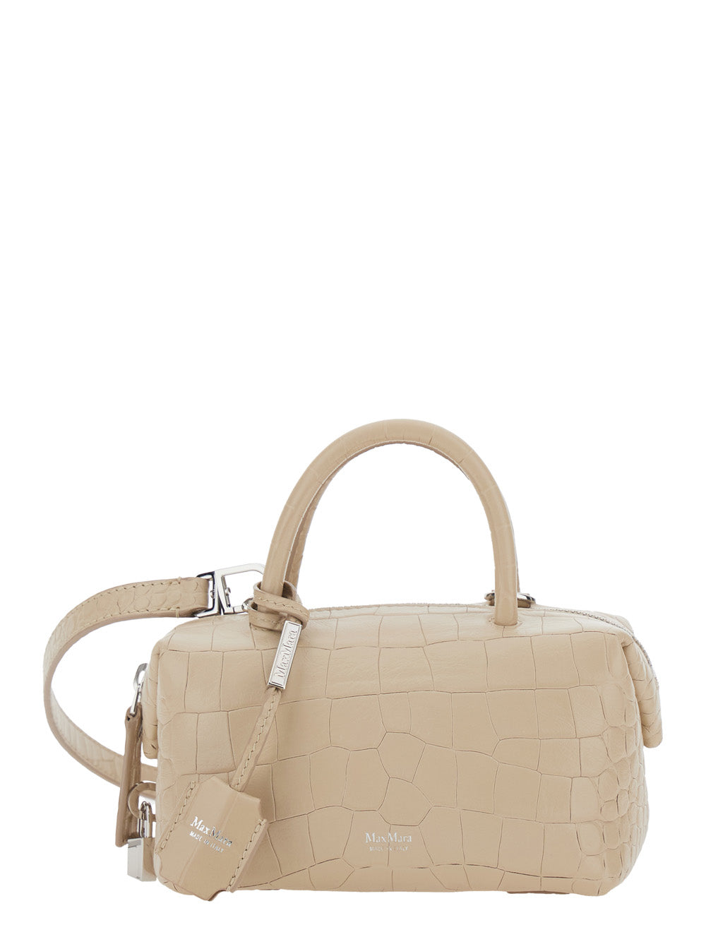 Max Mara Crocodile-Embossed Lambskin Top Handle Bag — Beige