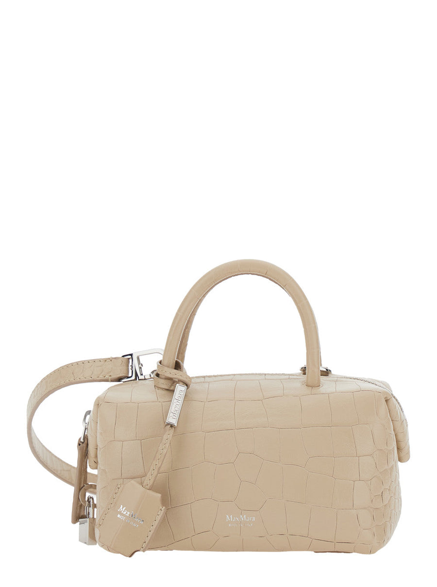 Max Mara Crocodile-Embossed Lambskin Top Handle Bag — Beige