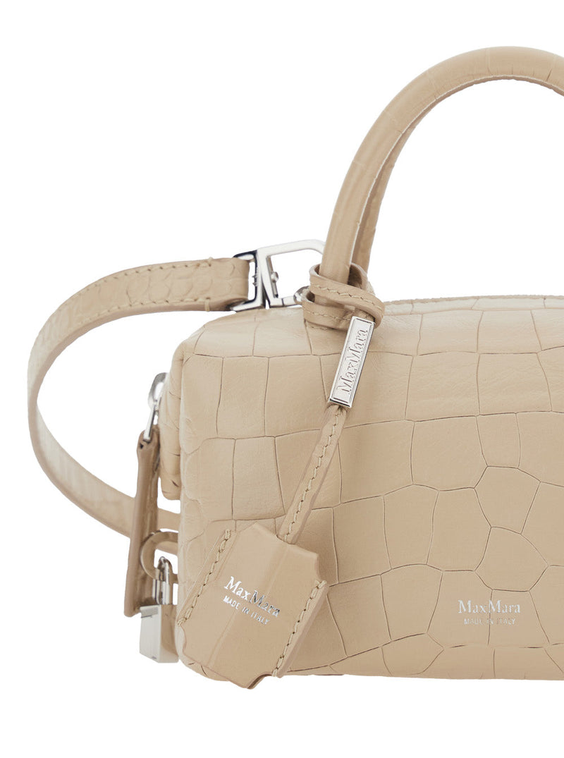 Max Mara Crocodile-Embossed Lambskin Top Handle Bag — Beige