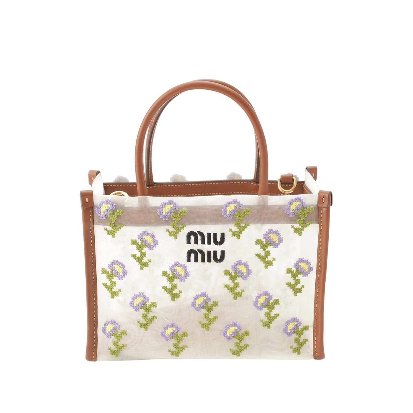 Leather Trimmed Embroidered Mesh Top Handle Bag - Image 1