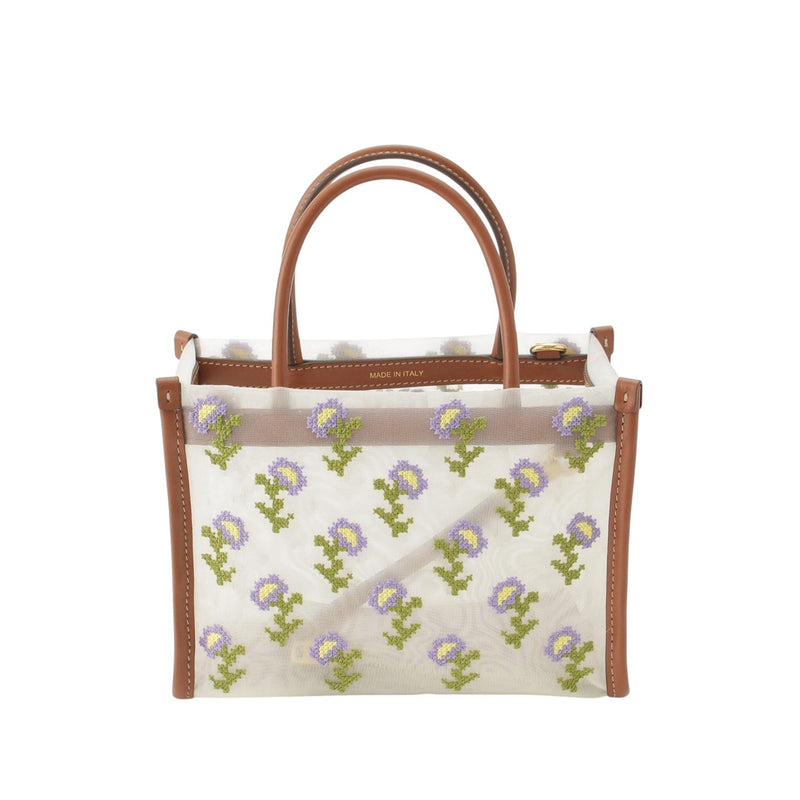 Leather Trimmed Embroidered Mesh Top Handle Bag - Image 2