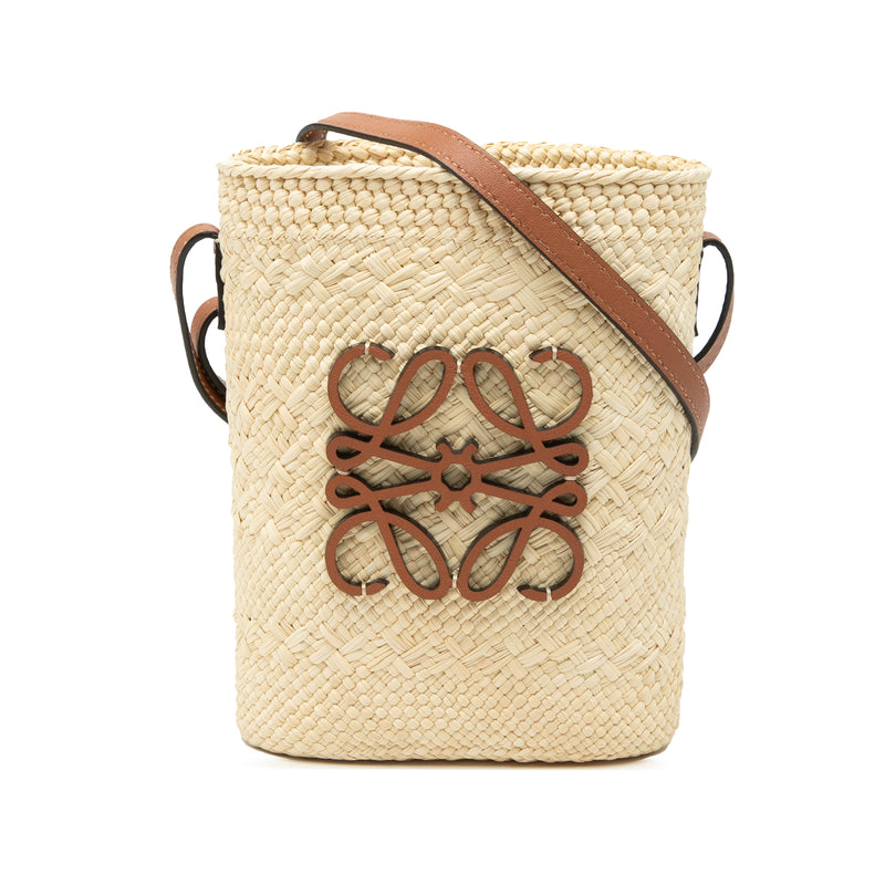 Paulas Ibiza Raffia Anagram Square Pocket Bucket Bag