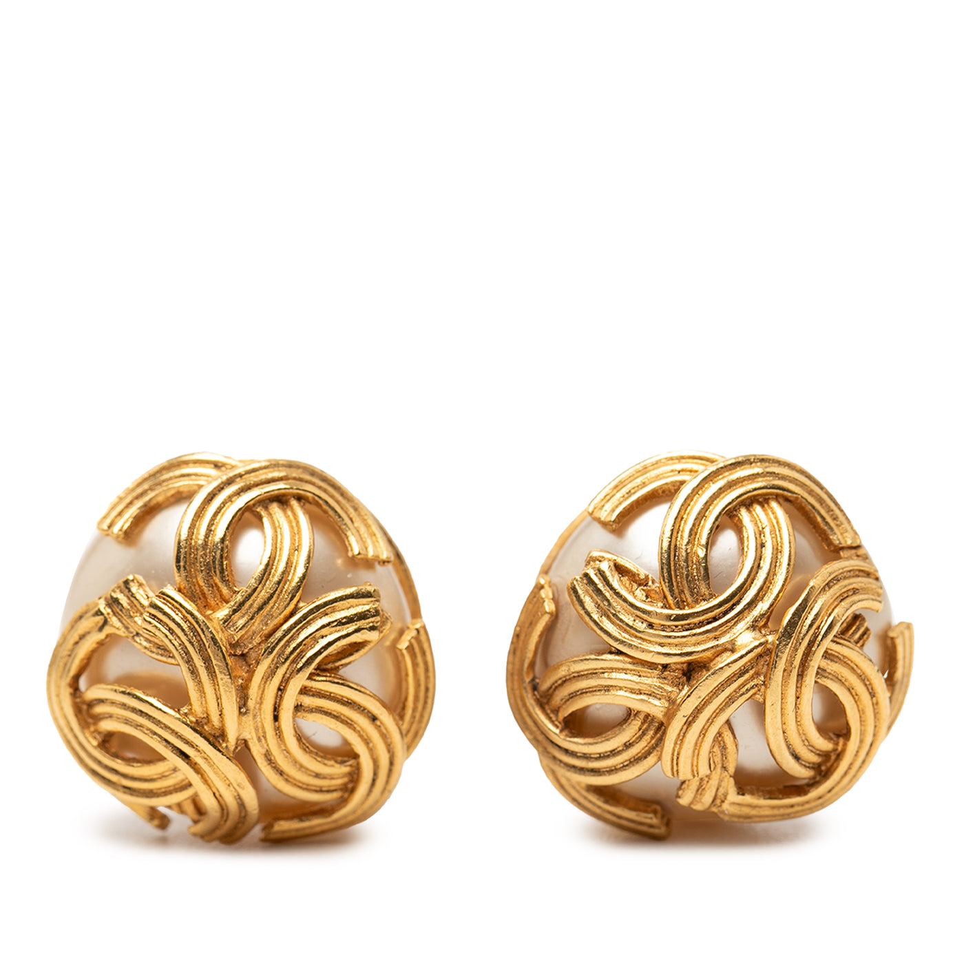 Gold Plated Triple CC Faux Pearl Clip On Earrings - Image 1