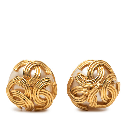 Gold Plated Triple CC Faux Pearl Clip On Earrings - Image 1