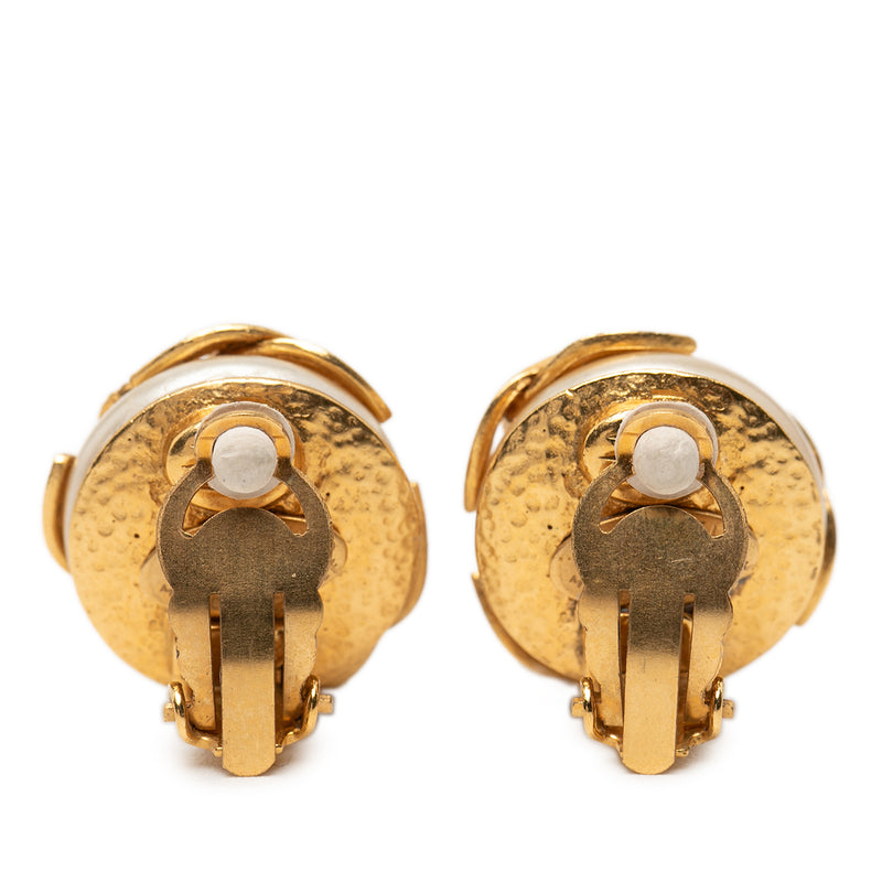 Gold Plated Triple CC Faux Pearl Clip On Earrings - Image 2