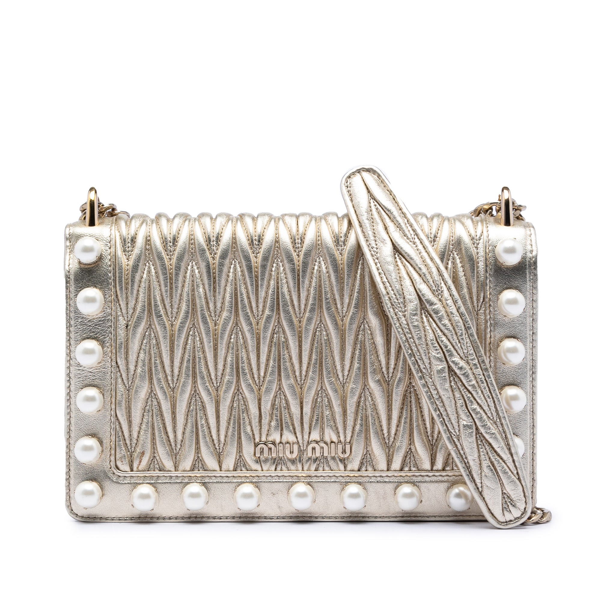 Metallic Nappa Matelasse Faux Pearl Flap Crossbody - Image 1
