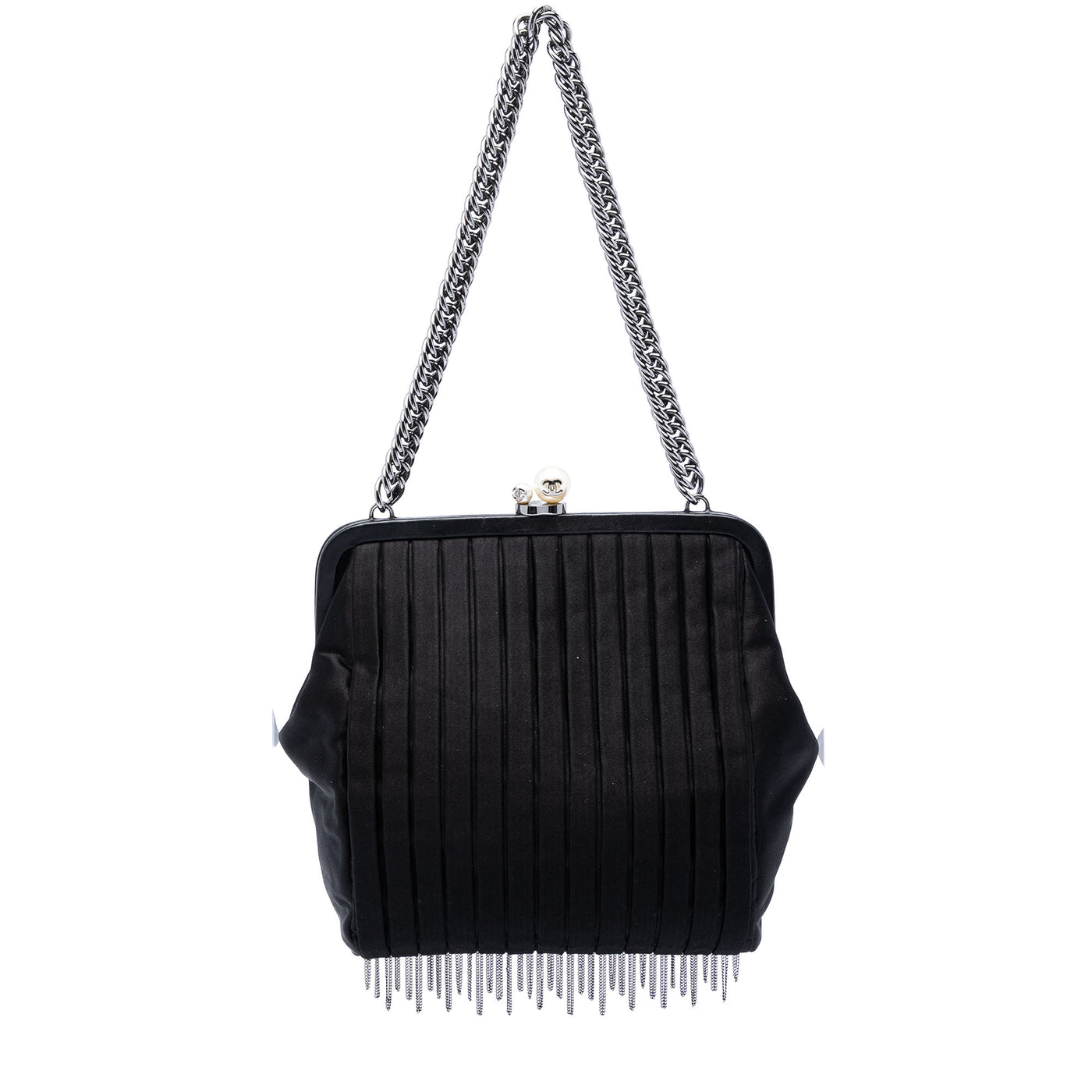 Pleated Satin Frame Pearl Chain Fringe Shoulder Bag - Image 1