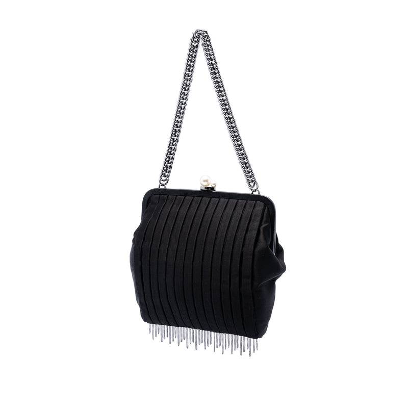 Pleated Satin Frame Pearl Chain Fringe Shoulder Bag - Image 2