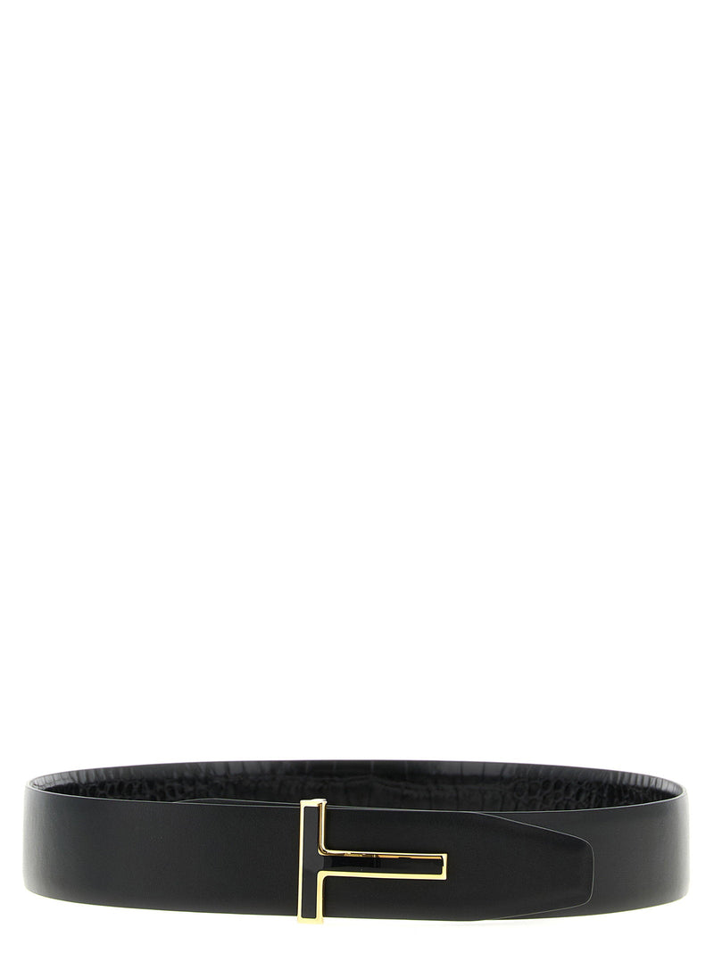Tom Ford Reversible Crocodile-Effect Leather Belt — Black