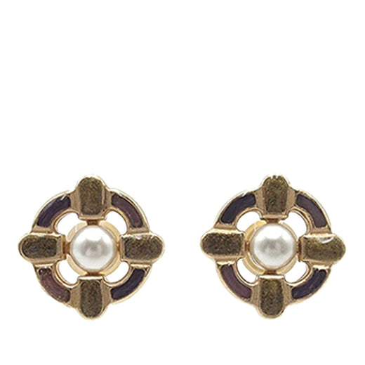 Gold Plated Enamel Maltese Cross and Faux Pearl Push Back Earrings - Image 1