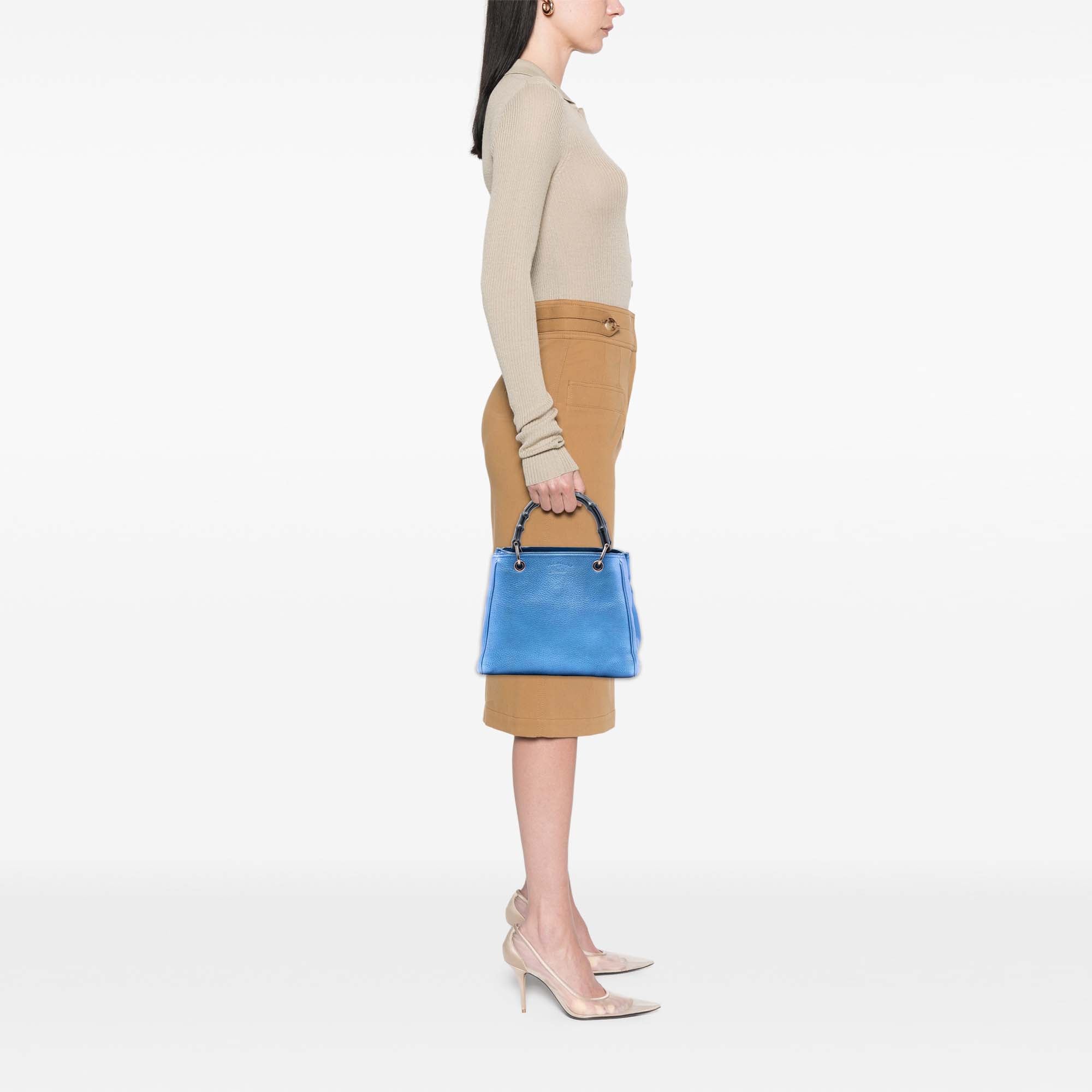 Small Metallic Calfskin Bamboo Shopper Satchel - Image 7