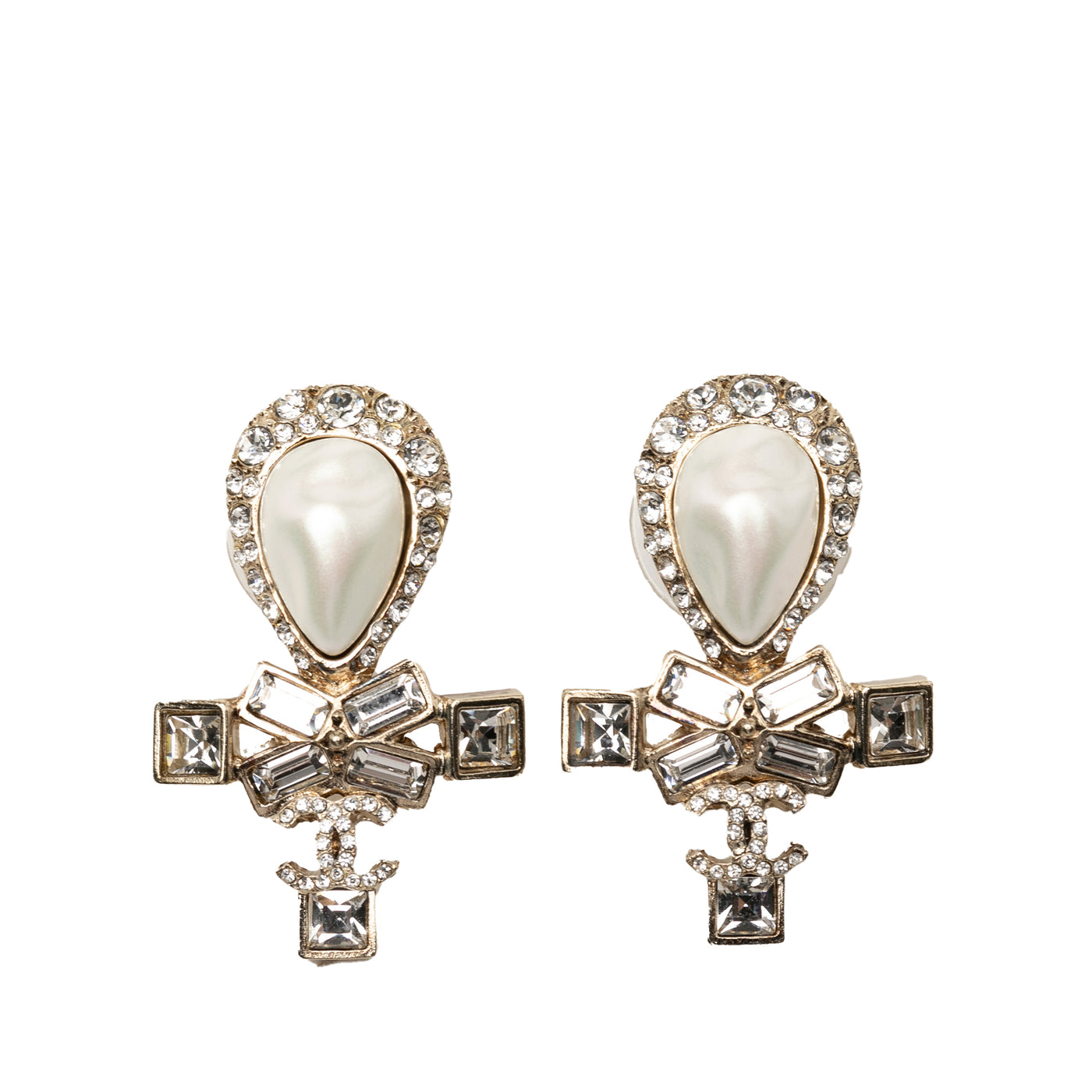 CC Gold Plated Strass Faux Pearl Tear Drop Ribbon Push Back Earrings - Image 1