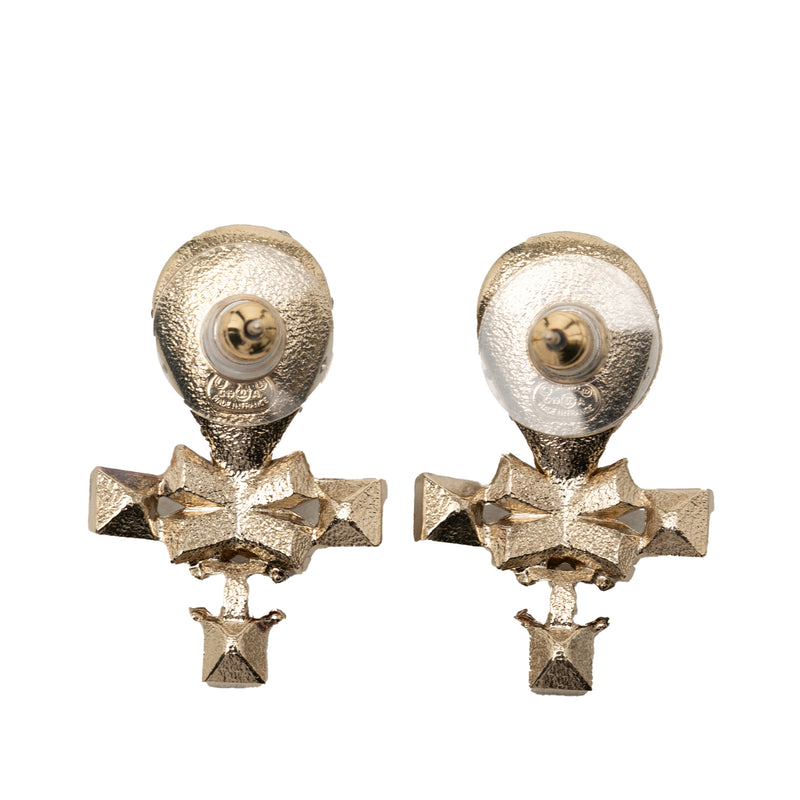 CC Gold Plated Strass Faux Pearl Tear Drop Ribbon Push Back Earrings - Image 2