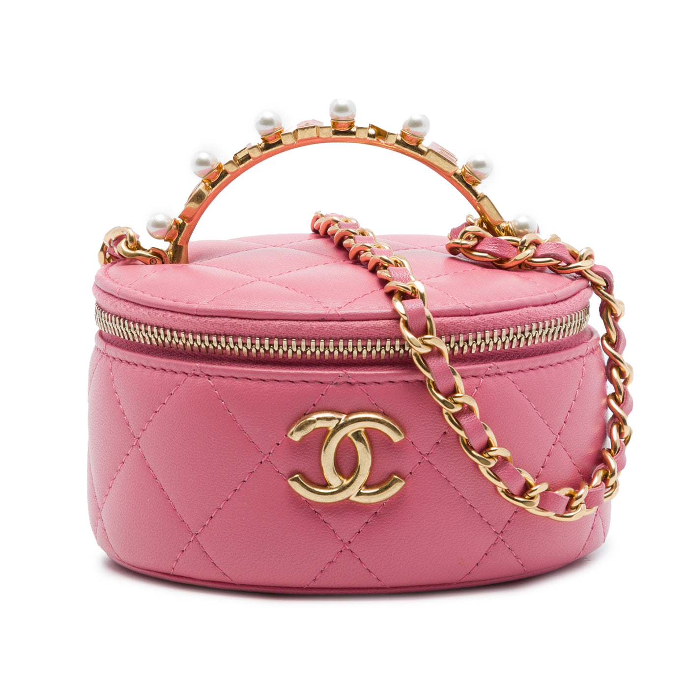 Mini CC Quilted Lambskin Pearl Top Handle Vanity Case with Chain - Image 1