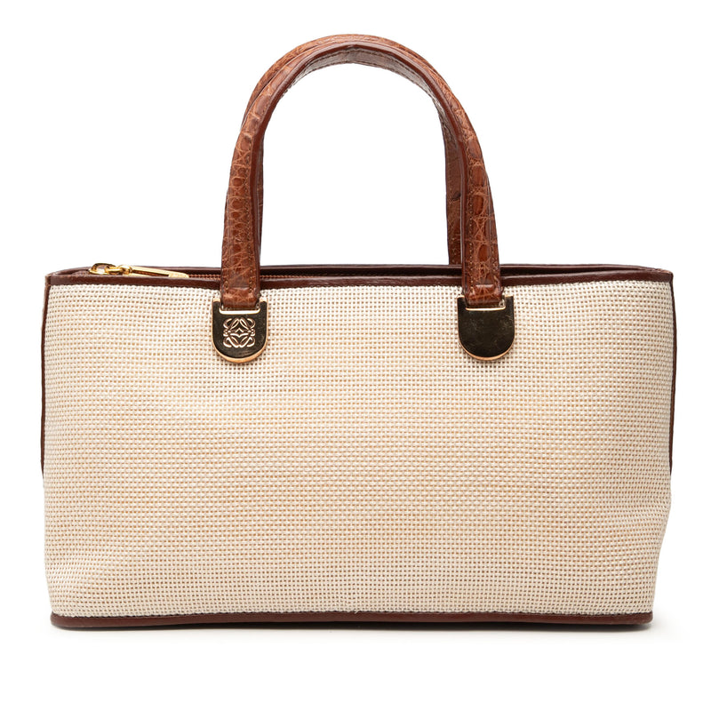 Croc Embossed Leather Trimmed Mesh Anagram Satchel