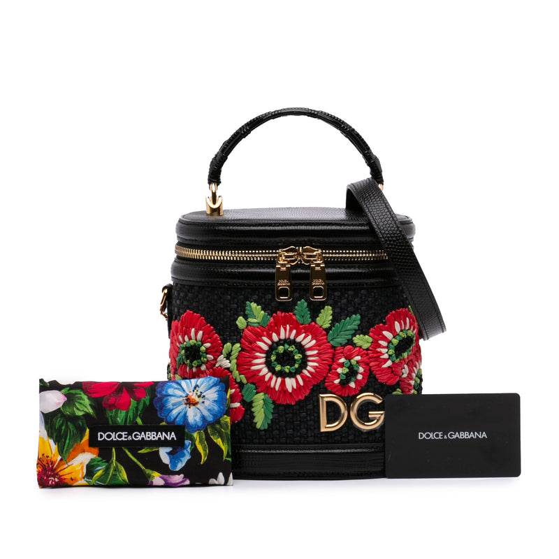 Floral Embroidered Raffia and Lizard Embossed Calfskin DG Girls Vanity Bag - Image 7