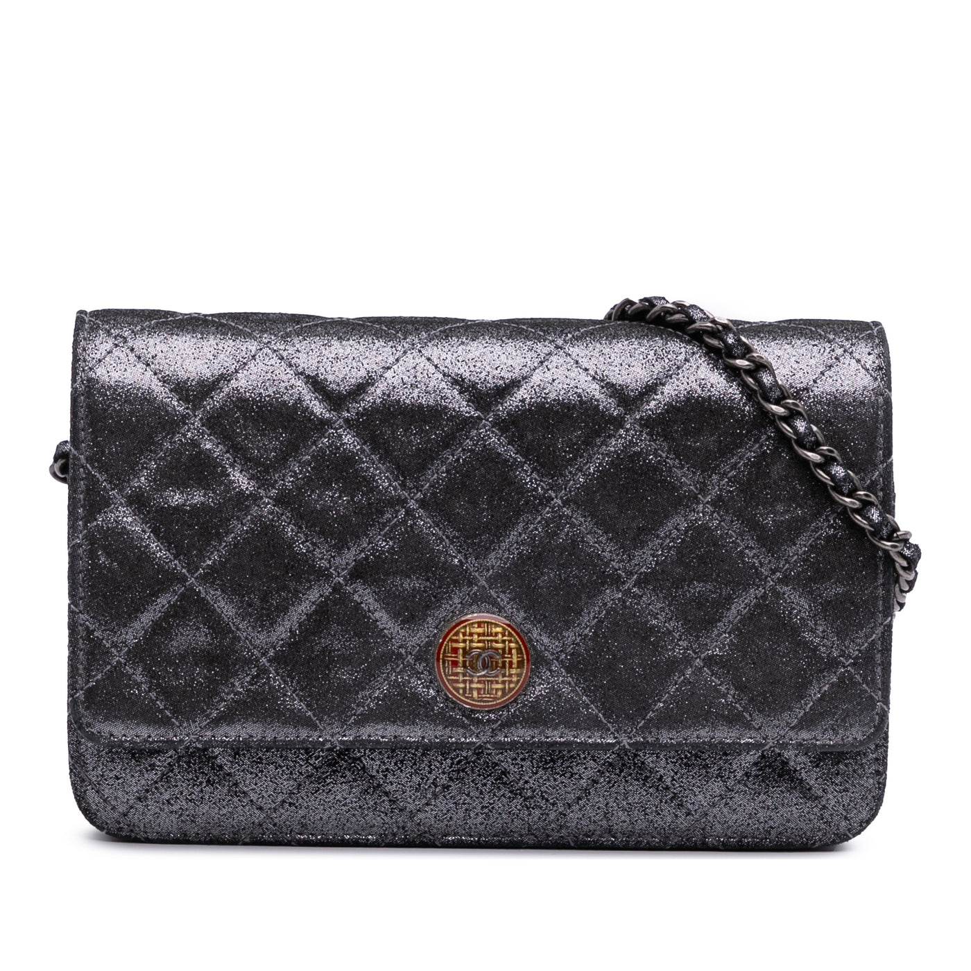 Quilted Iridescent Lambskin Tartan Button Wallet On Chain - Image 1