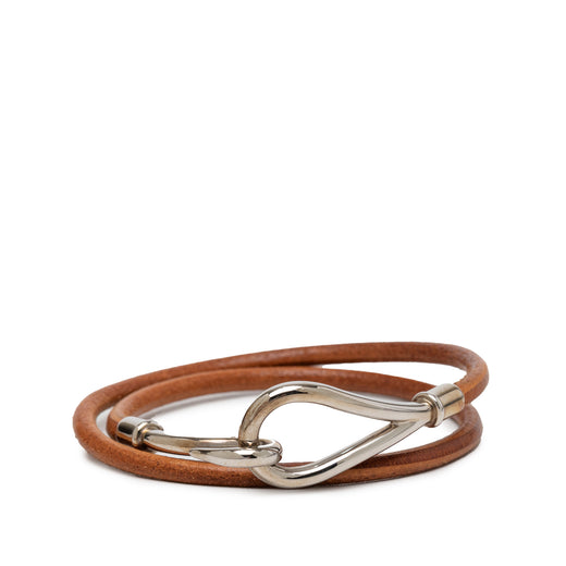 Leather and Palladium Plated Jumbo Hook Double Tour Bracelet - Image 1