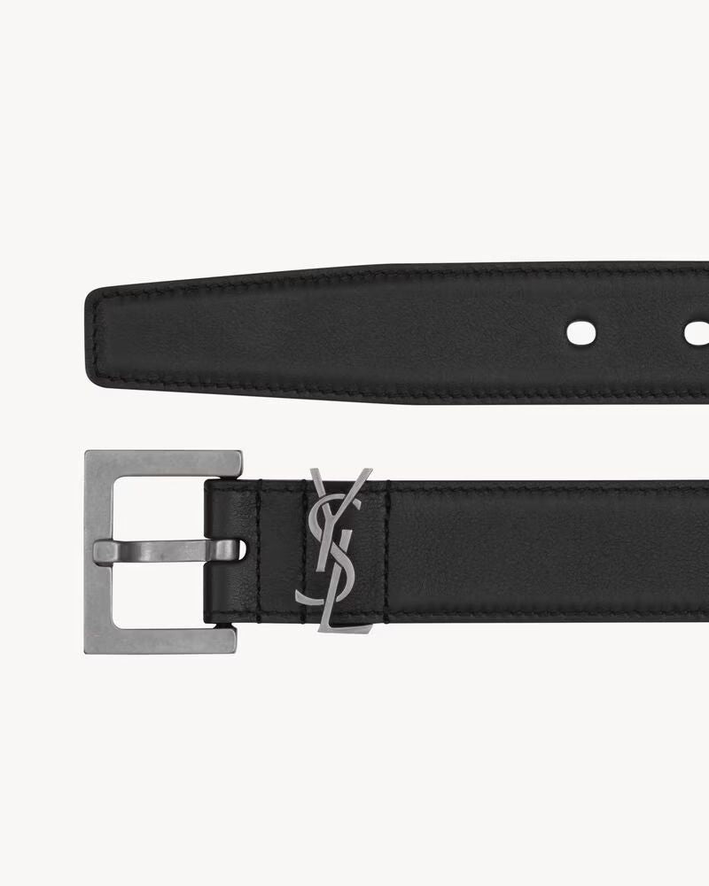 Saint Laurent Ysl Logo Buckle Leather Belt — Black
