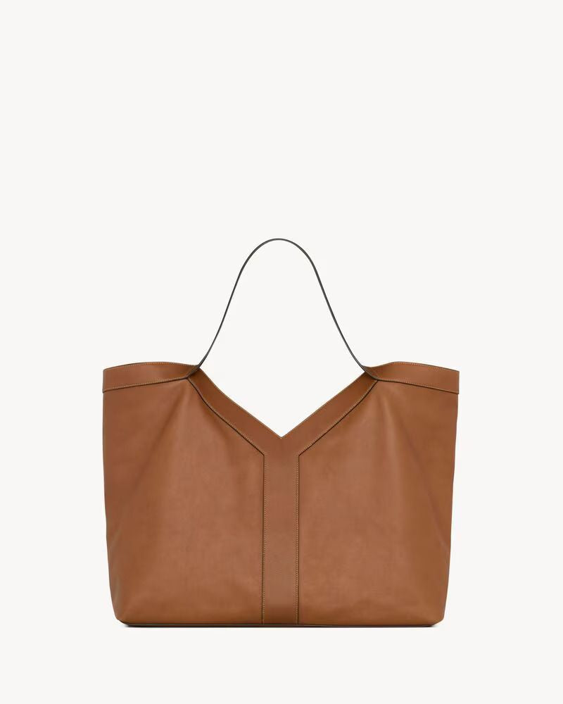 Saint Laurent Soft Leather V-Notch Shoulder Bag — Camel