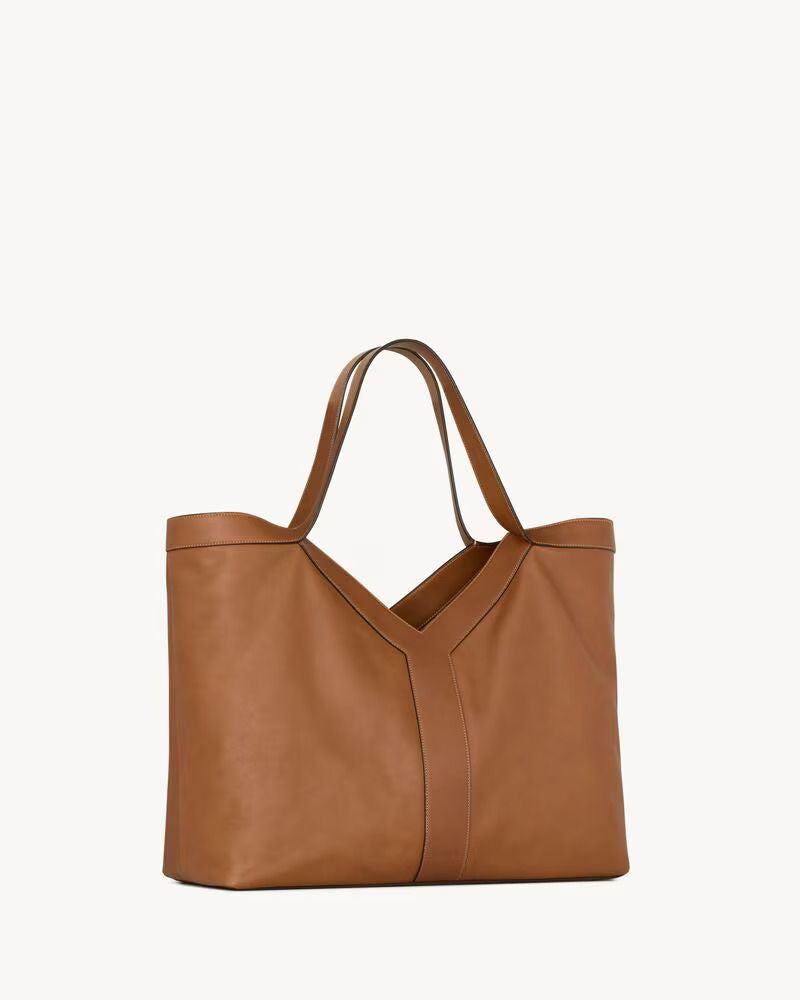 Saint Laurent Soft Leather V-Notch Shoulder Bag — Camel