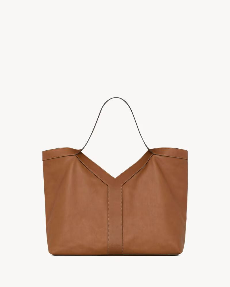 Saint Laurent Soft Leather V-Notch Shoulder Bag — Camel