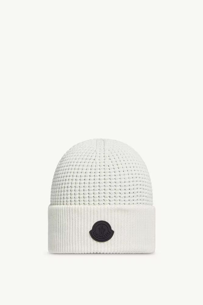 Moncler K20913b00032m1367 Logo-Patch Knit Beanie — White Wool Blend Beanies