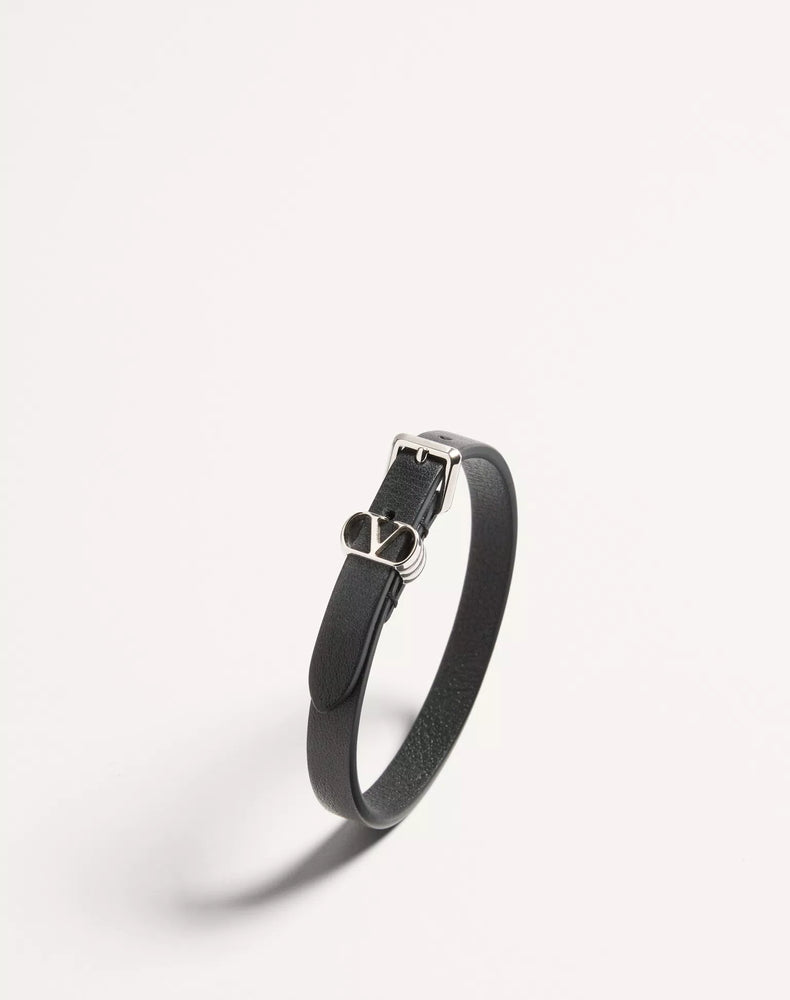 Valentino Garavani Logo-Buckle Leather Bracelet — Black Bracelets