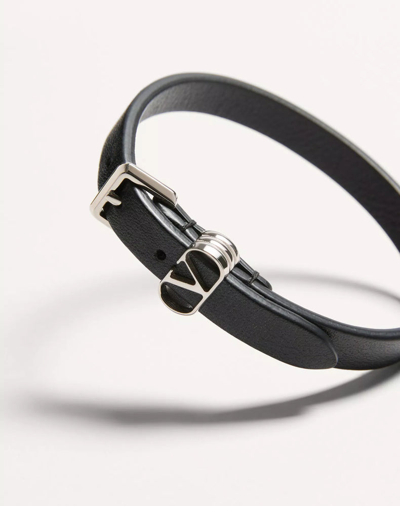 Valentino Garavani Logo-Buckle Leather Bracelet — Black Bracelets
