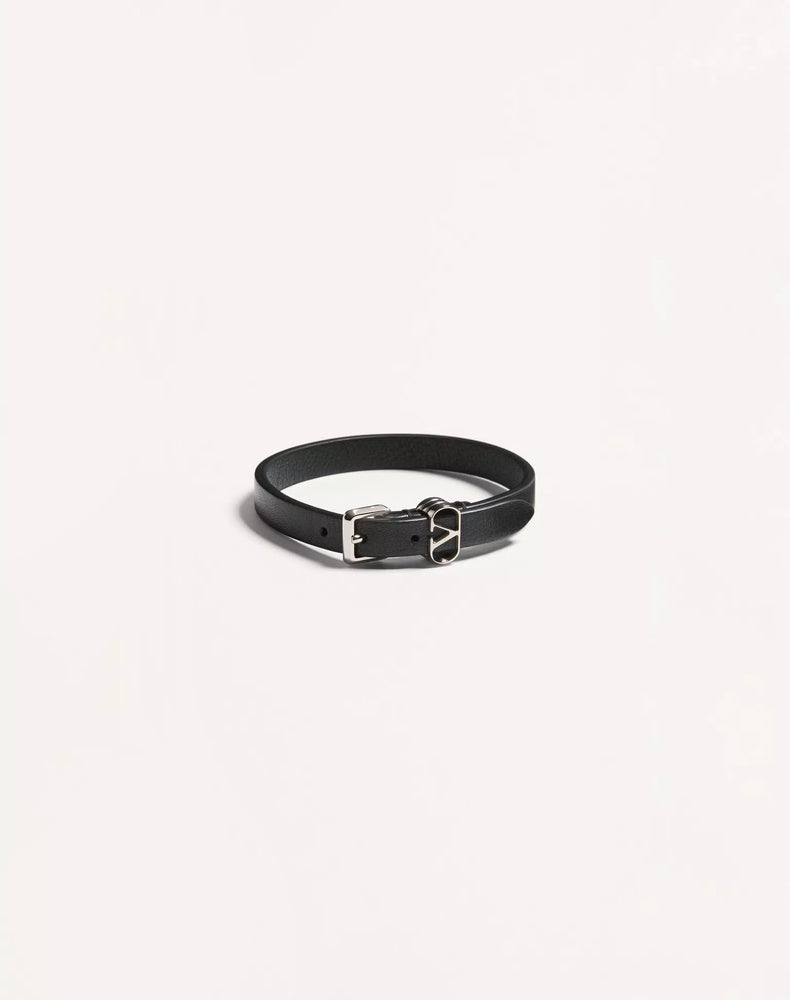 Valentino Garavani Logo-Buckle Leather Bracelet — Black Bracelets