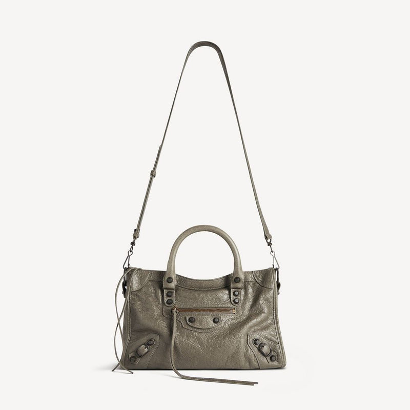 Balenciaga Metallic-Studded Leather Top Handle Bag — Khaki