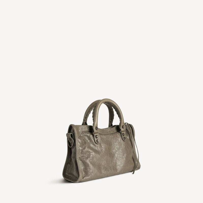 Balenciaga Metallic-Studded Leather Top Handle Bag — Khaki