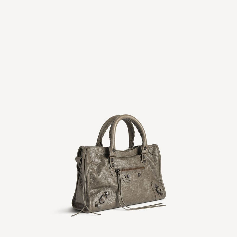 Balenciaga Metallic-Studded Leather Top Handle Bag — Khaki