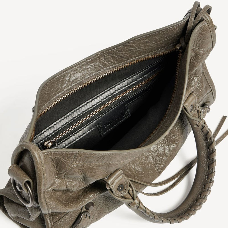 Balenciaga Metallic-Studded Leather Top Handle Bag — Khaki