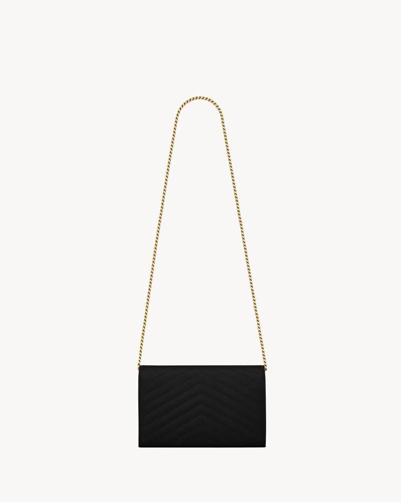 Saint Laurent Envelope-Style Gold Hardware Wallet — Black Quilted Leather