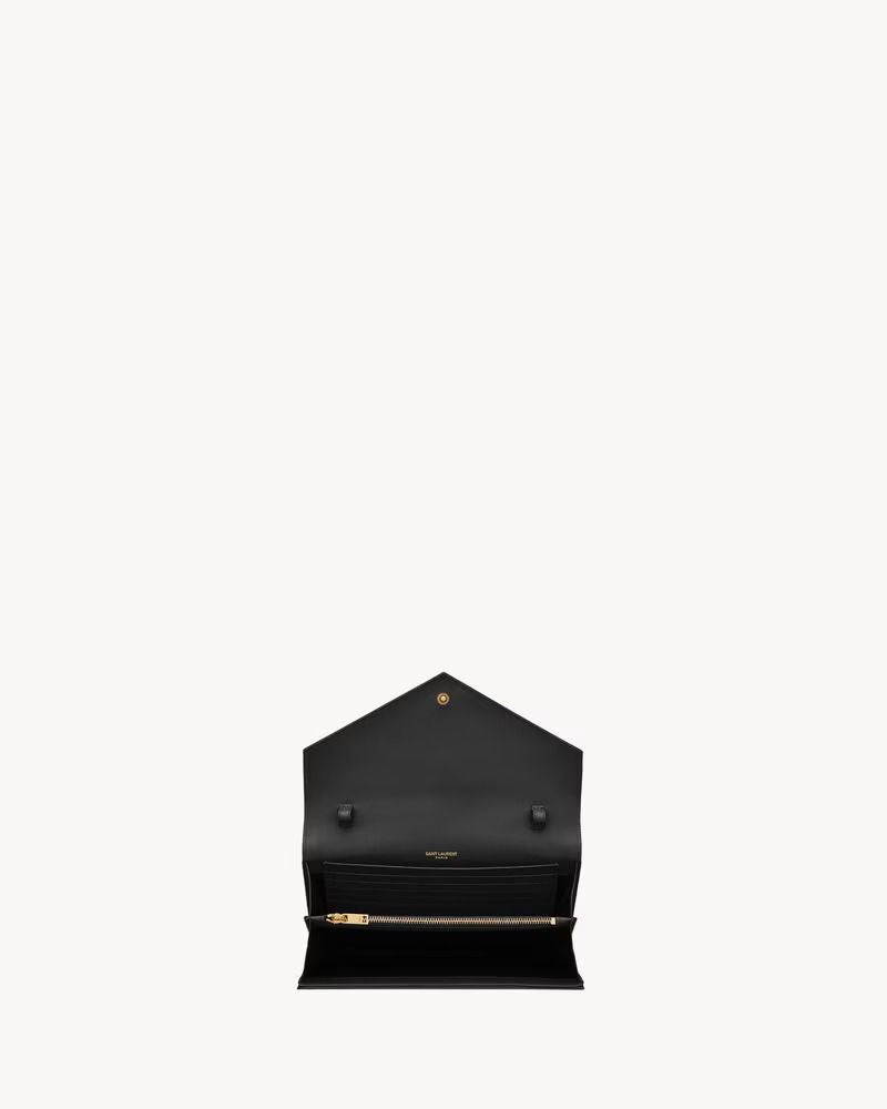 Saint Laurent Envelope-Style Gold Hardware Wallet — Black Quilted Leather