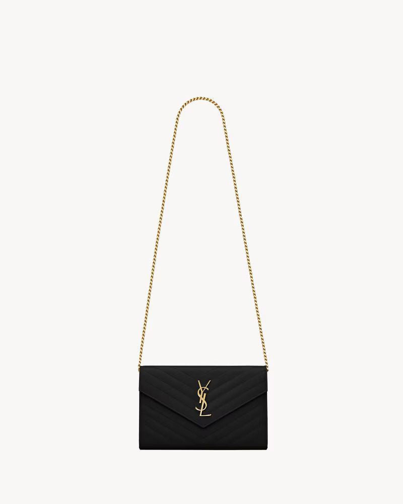 Saint Laurent Envelope-Style Gold Hardware Wallet — Black Quilted Leather