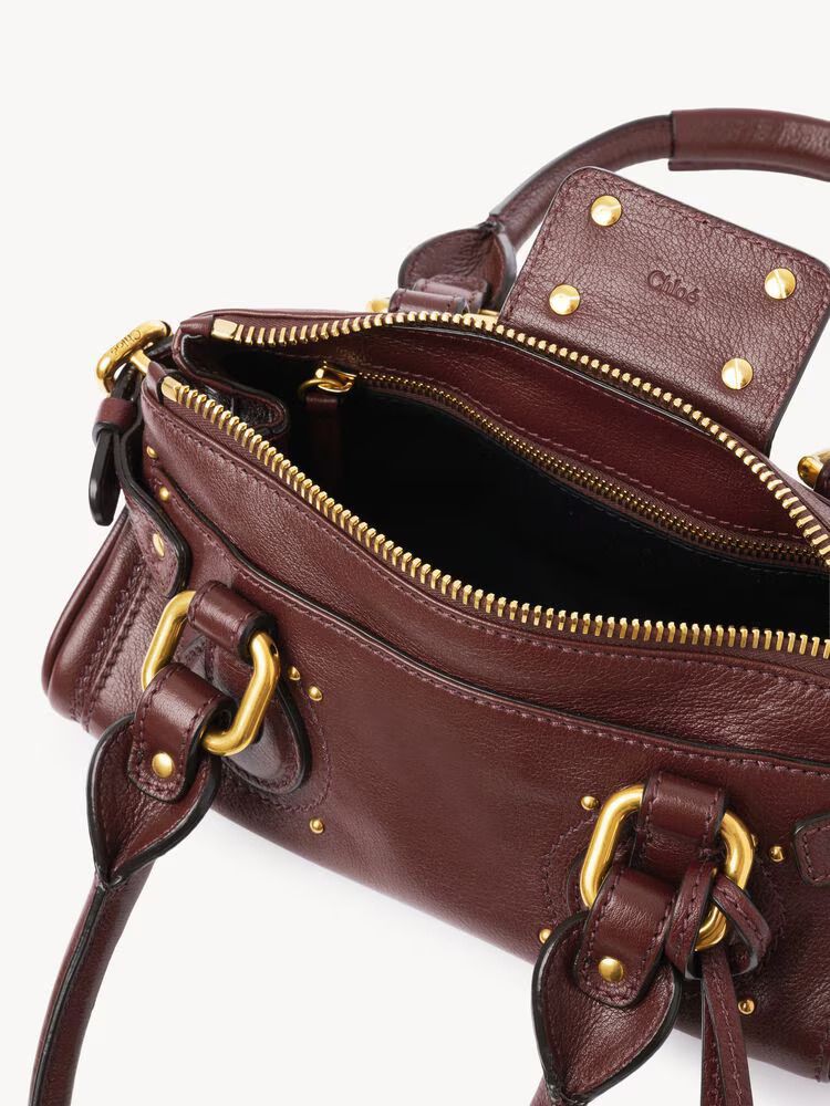 Chloé Gold-Plated Hardware Top Handle Bag — Burgundy Leather