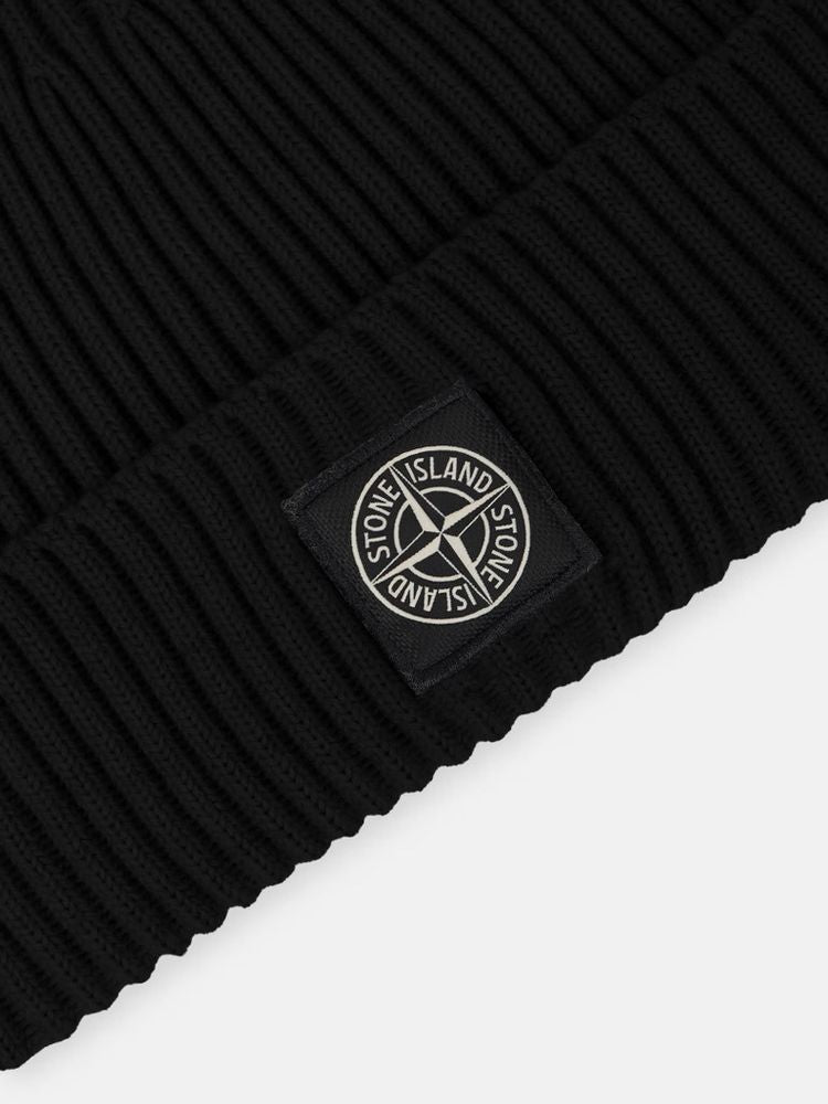 Stone Island L2s15n100002s00c3v00 Ribbed Knit Beanie — Black Wool Blend Beanies